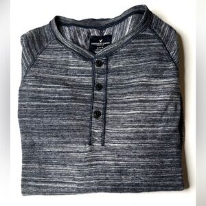 American Eagle Outfitters Men's Blue/Gray Heathered Henley Shirt